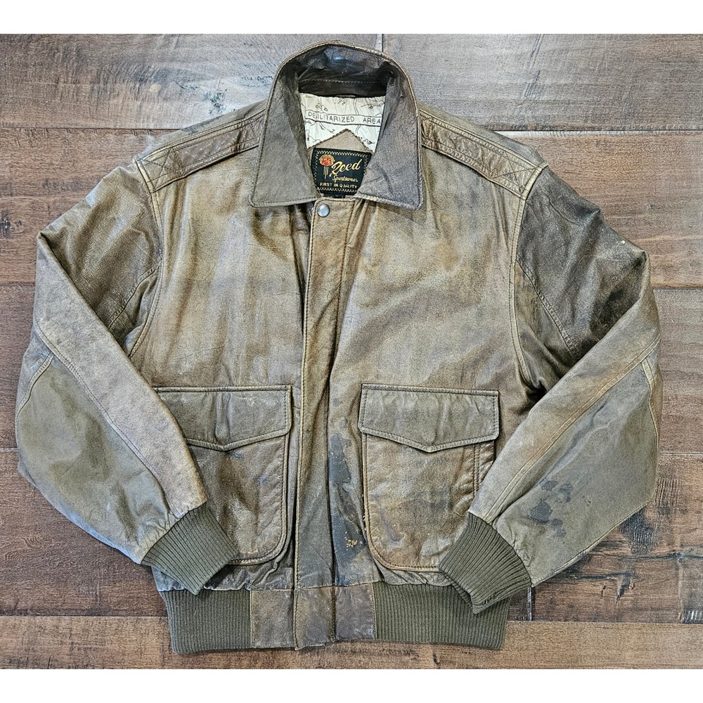 VTG Distressed Reed Sportswear Leather Flight Jacket Brown Bomber Map Lining 38